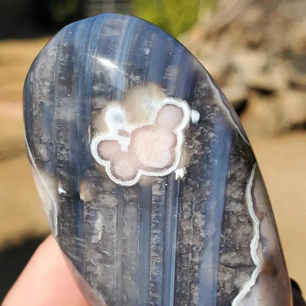 Blue Flower Blossom Agate Translucent Palmstone Crystal 68 grams